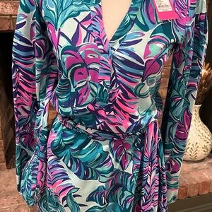 Lilly Pulitzer Bedelia  Teal and Purple Leaf Dress